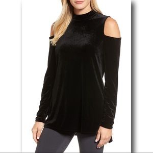 Halogen Cold Shoulder Velvet Top Black NWT S